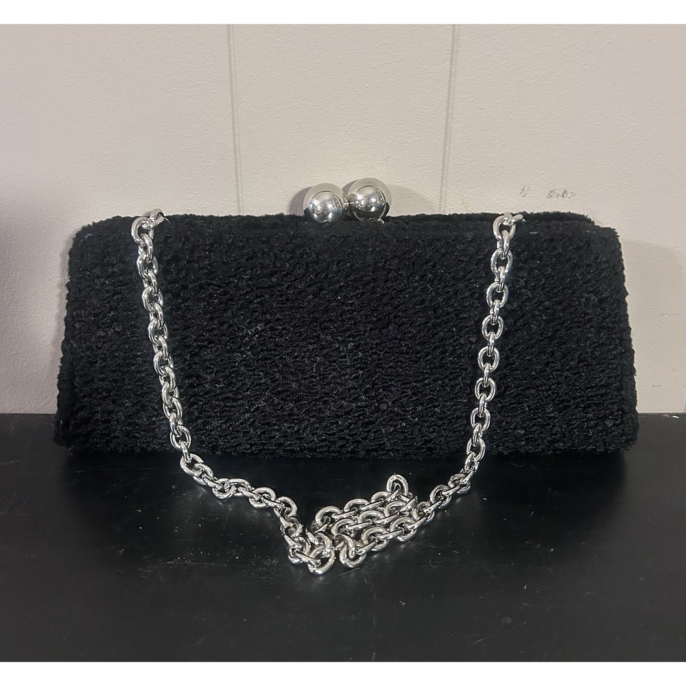 Million Wishes Black Textured Evening Clutch Purse Silver Kiss Lock Frame